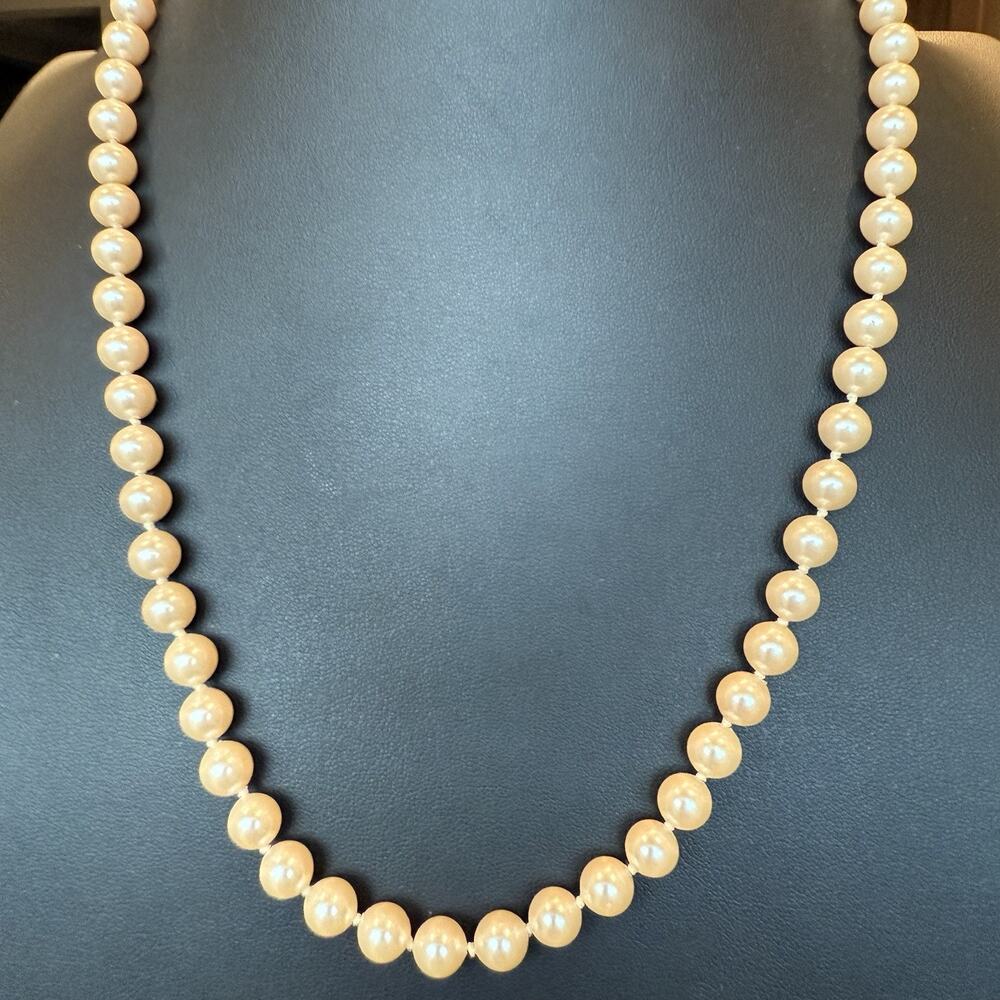 Signed MONET Faux Pearl Necklace 24” Knotted 8mm Cream Ivory Sheen Vintage